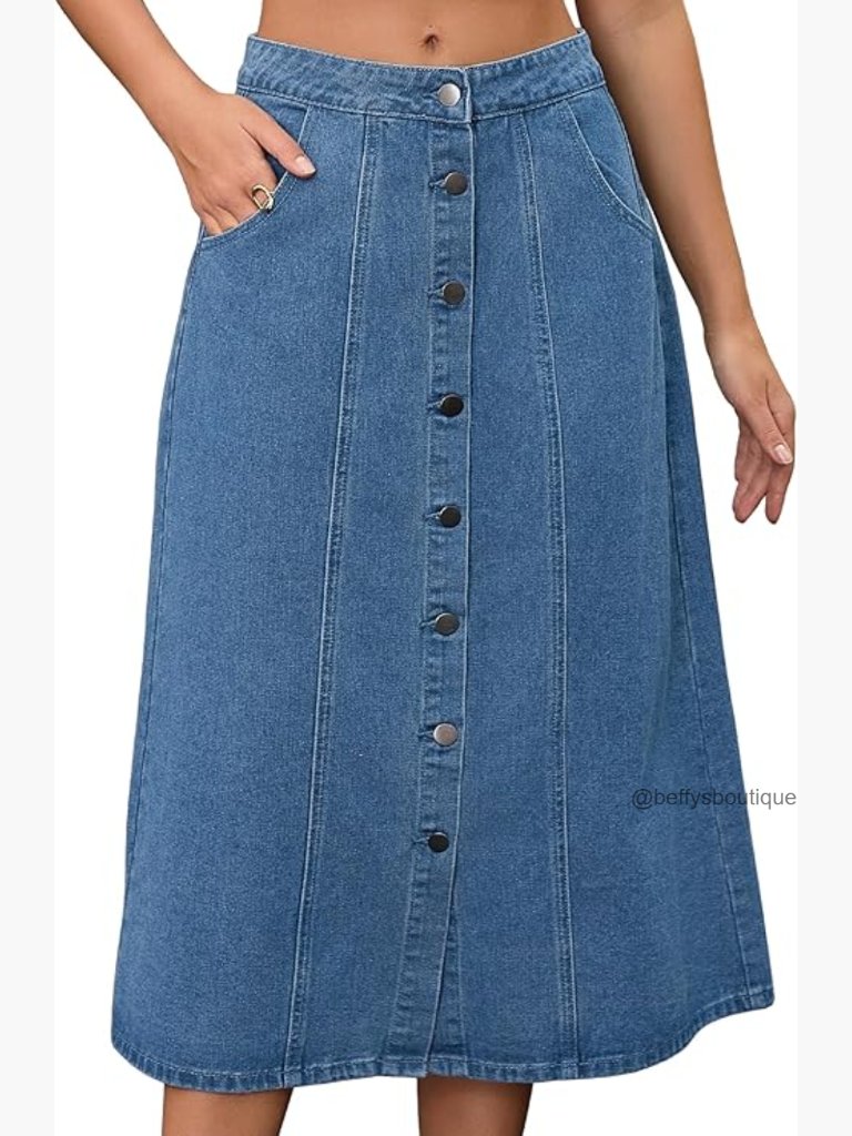 High Waisted Denim Skirt Button Front A-Line Midi Length Pockets Casual